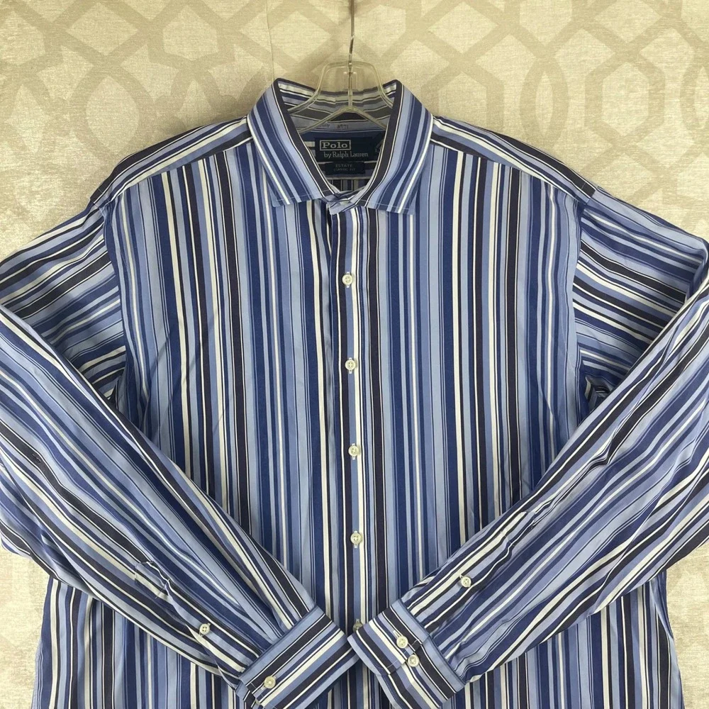Polo Ralph Lauren Estate Mens XL Blue‎ Striped Classic Fit Button Shirt